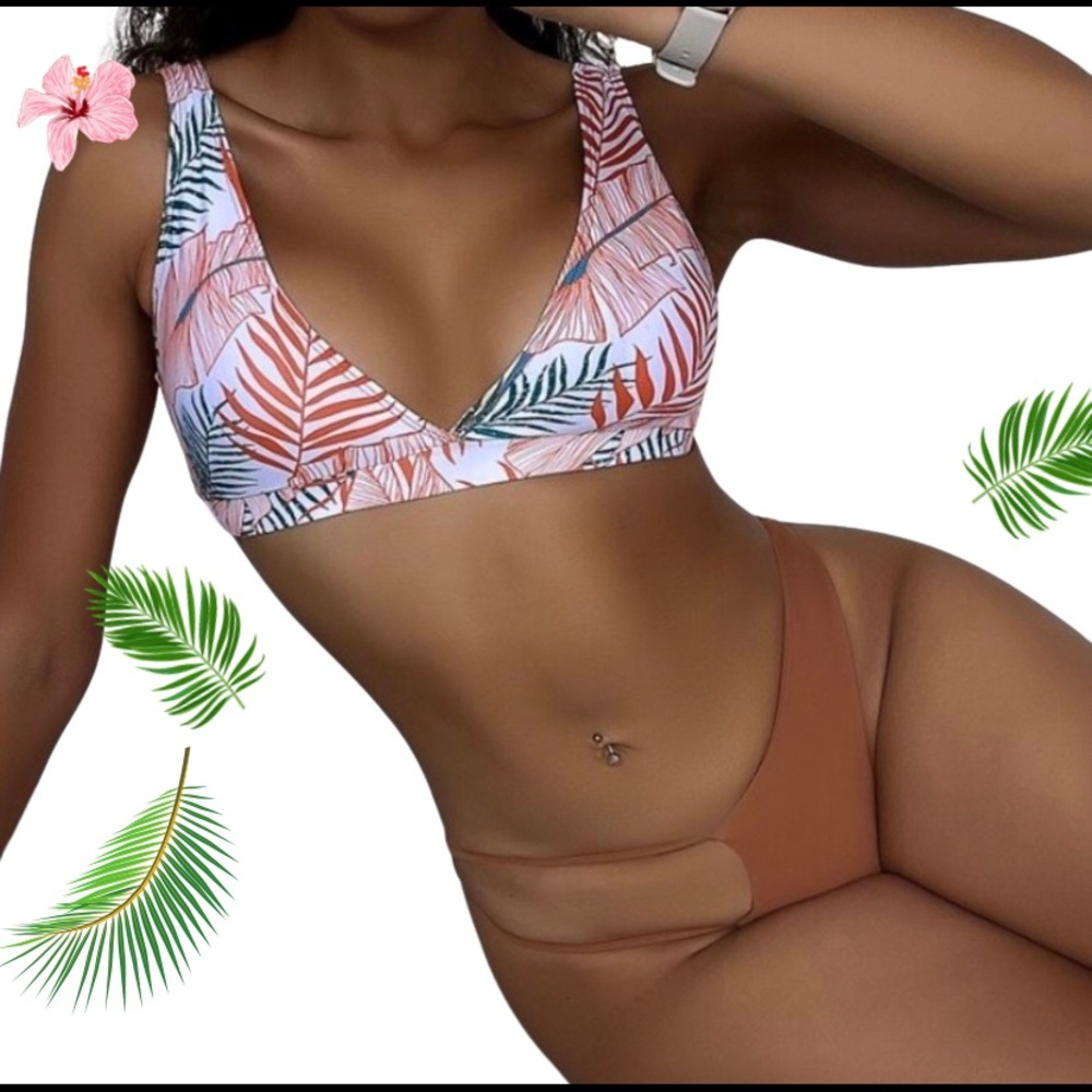 🌸🌴Tropical Brown & Green Bikini w/Palm Leaves & Brown Bikini Bottom🌴🌸 Sz: S